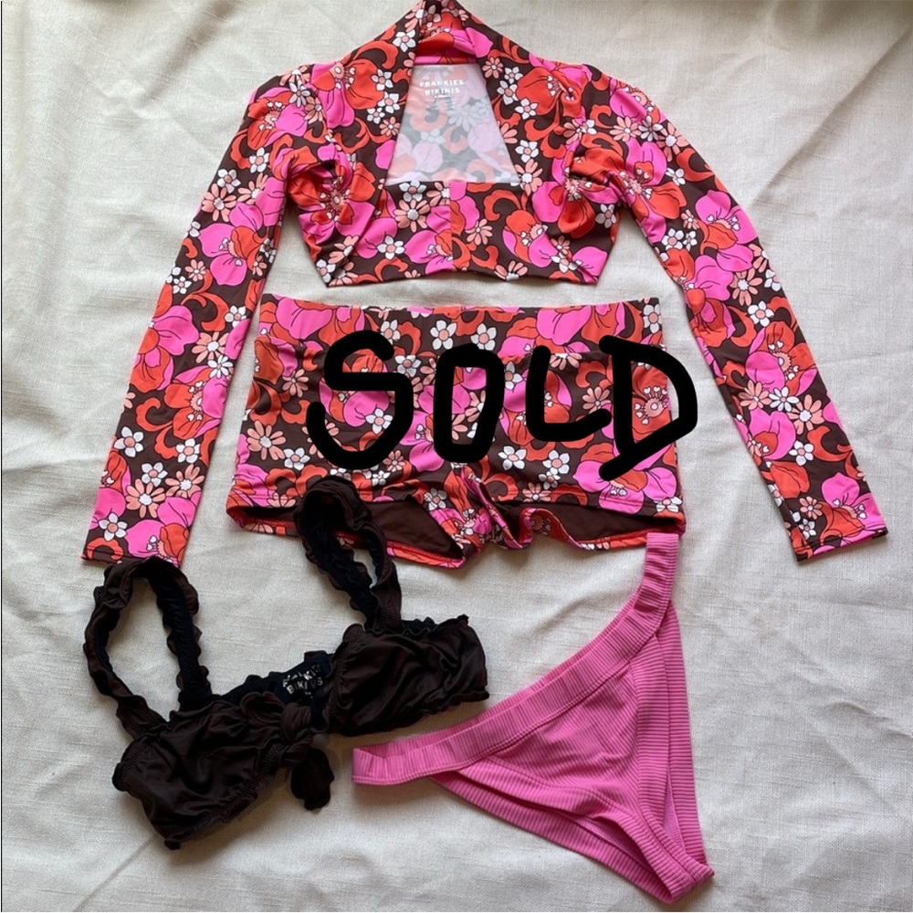 Frankies Bikinis Floral Pink and Brown Women’s Swim Set